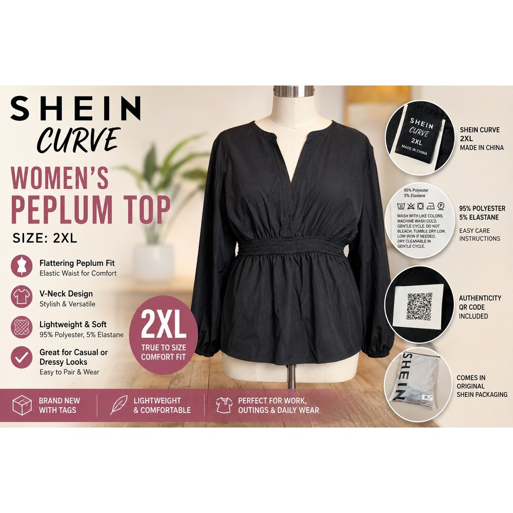 SHEIN Curve Womens 2XL Black V-Neck Long Sleeve Smocked Empire Waist Peplum Top